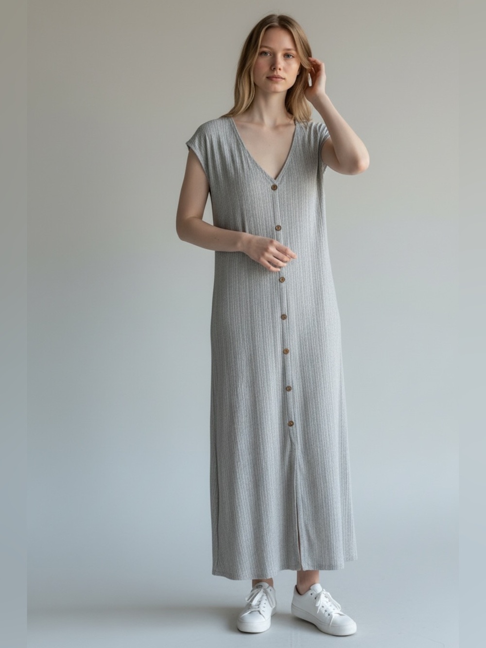 Caution To The Wind Light Gray Ribbed Button-Front Midi Dress